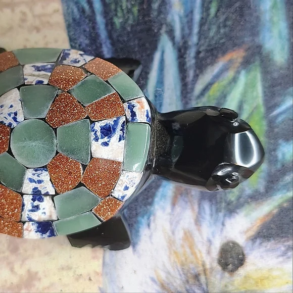 Vintage Obsidian Mosaic Multi-Stone Turtle Figure - Picture 10 of 10